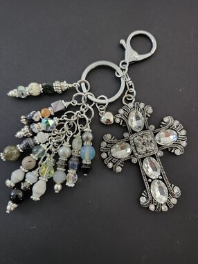 Rhinestone Cross Ornate Purse Charm or Keychain Agate Granite Opal Handcrafted
